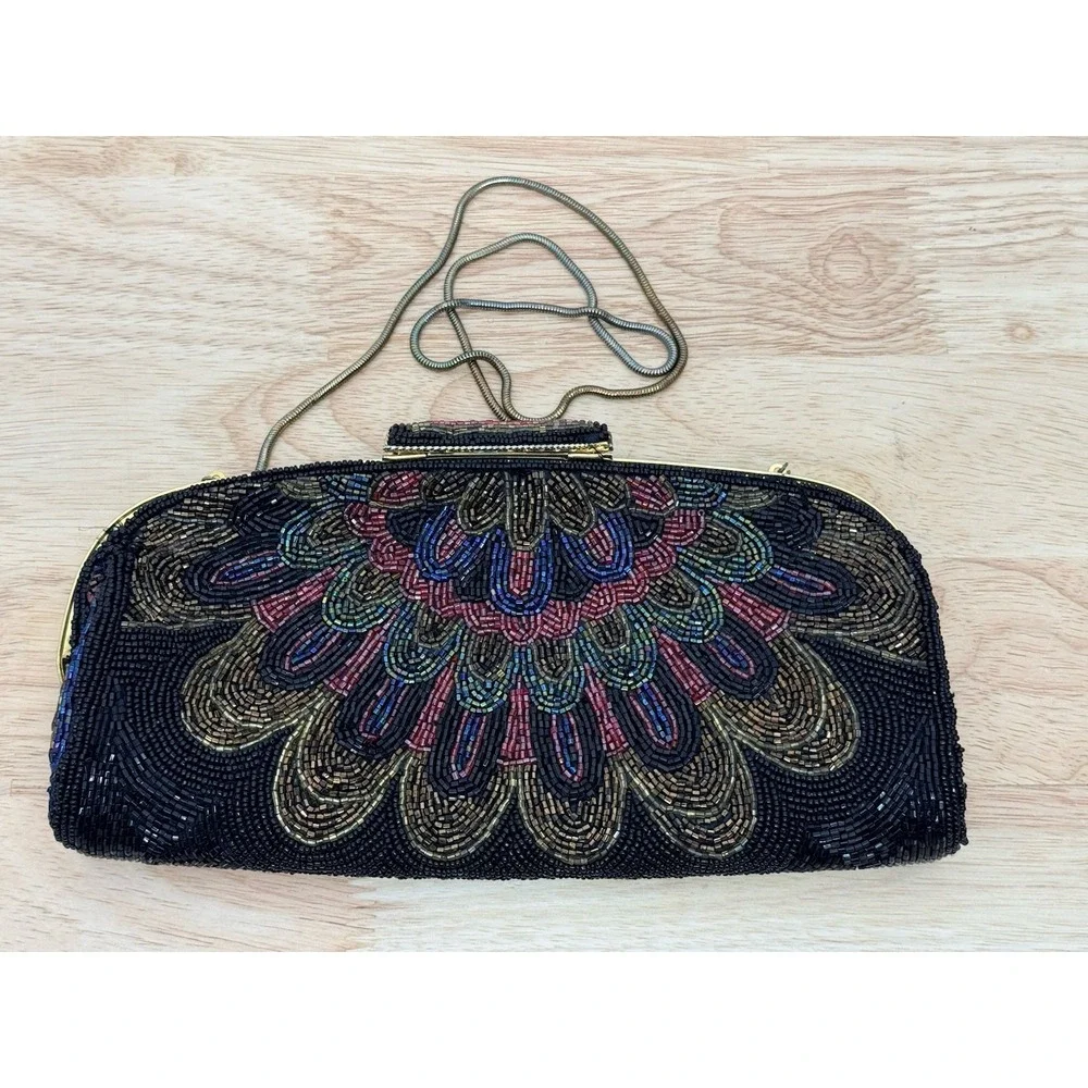 Vintage Beaded Clutch Purse Glass Seed Beads‎ Floral Art Deco Evening Bag #54
